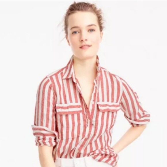 J. Crew Tops - J. Crew Button-up Shirt in Red Striped Linen Sz 0
